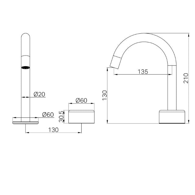 Technical drawing of Nero Serenity basin mixer in brushed bronze, showing arc spout, metal handle and dimensions with side and front views