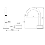 Technical drawing of Nero Serenity progressive basin mixer, brushed nickel, showing arc spout and dimensions.