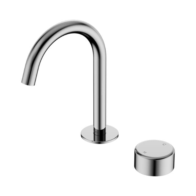 Nero Serenity progressive basin mixer with arc spout and metal handle, chrome finish, shown with separate handle detail on white background