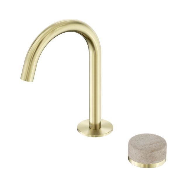 Nero Serenity progressive basin mixer in brushed gold with arc spout and travertine handle, isolated on white