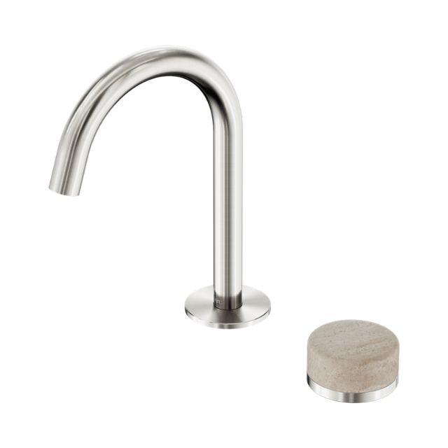 Nero Serenity basin mixer in brushed nickel with arc spout and separate travertine stone handle on white background