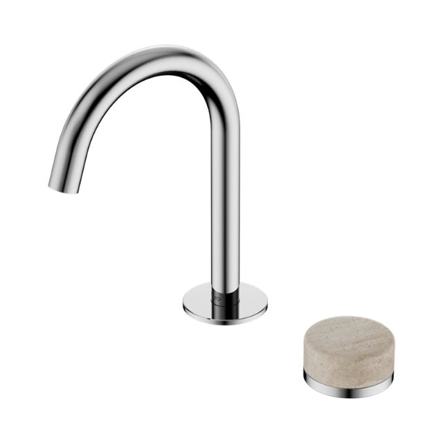 Nero Serenity progressive basin mixer with arc spout and Rome Travertine handle, chrome finish on white background