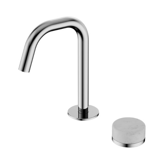 Nero Serenity chrome basin mixer with curved edge spout and separate Carrara marble handle
