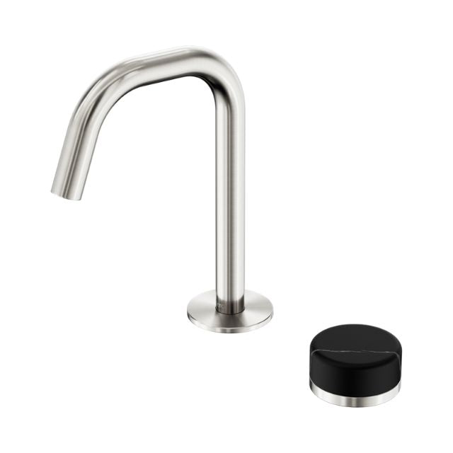 Nero Serenity progressive basin mixer in brushed nickel with separate black marble handle, shown on white background
