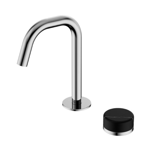 Nero Serenity progressive basin mixer with edge spout in chrome, shown with separate black handle on white background