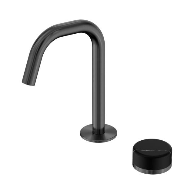 Nero Serenity progressive basin mixer with curved gun metal spout and separate Marquina black handle, side view on white background