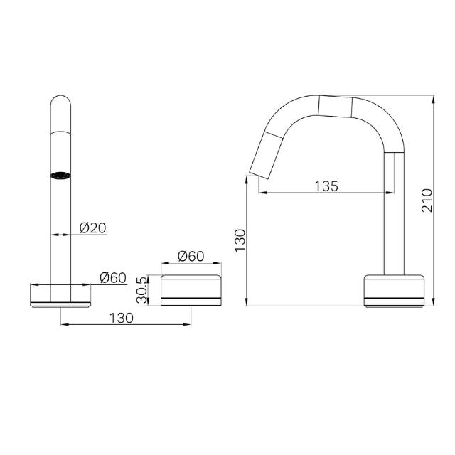 Technical drawing of Nero Serenity progressive basin mixer in gun metal, with Marquina black handle, showing 210mm height and 135mm spout reach