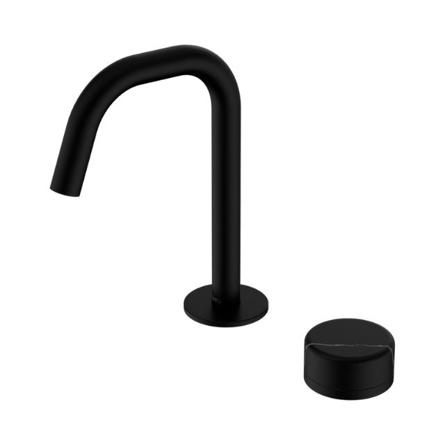 Nero Serenity matte black progressive basin mixer with edge spout and round Marquina black handle, shown on white background