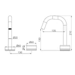 Technical line drawing of Nero Serenity progressive basin mixer with edge spout and Marquina black handle, showing 210mm height and 135mm reach