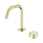 Nero Serenity progressive basin mixer with edge spout and metal handle in brushed gold, shown on white background