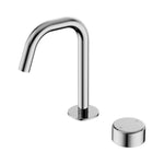 Nero Serenity chrome progressive basin mixer with curved edge spout and separate metal handle, on white background