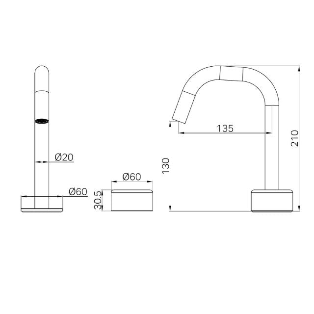 Technical drawing of Nero Serenity progressive basin mixer in chrome, showing front and side views with dimensions and edge spout detail