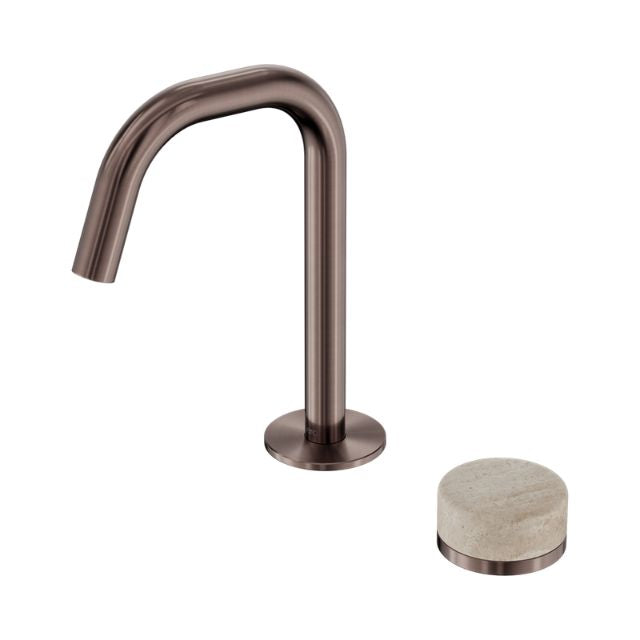 Nero Serenity basin mixer in brushed bronze with travertine handle, shown separately on white background, side view of tap and knob