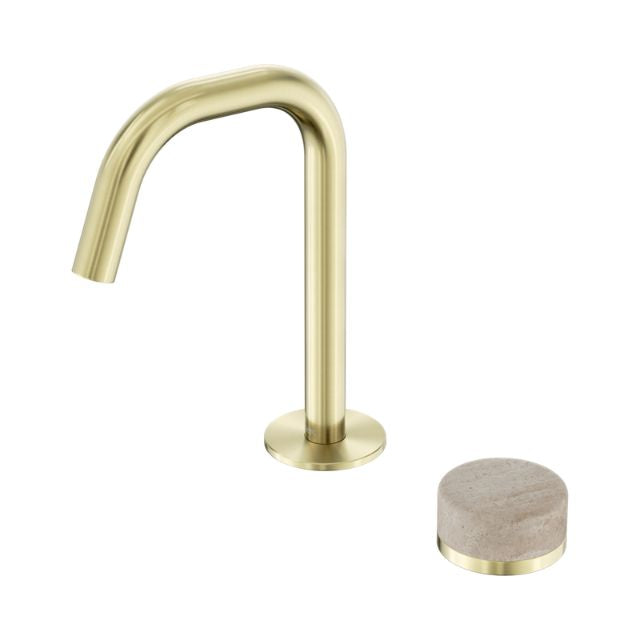 Nero Serenity basin mixer tap in brushed gold with curved edge spout and separate travertine handle, shown on white background