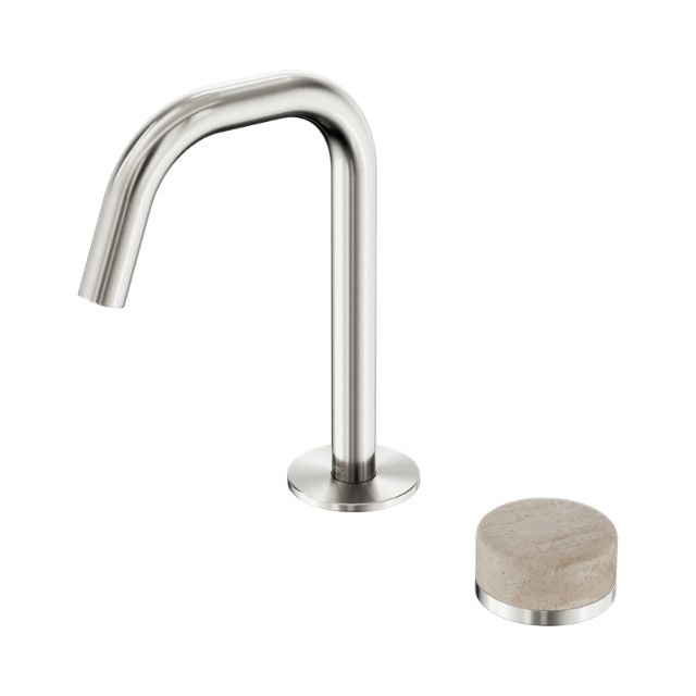 Nero Serenity basin mixer in brushed nickel with curved edge spout and separate Rome travertine handle on white background