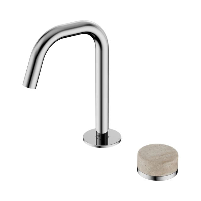 Nero Serenity progressive basin mixer in chrome with edge spout and Rome Travertine handle, shown on white background with separate handle cap