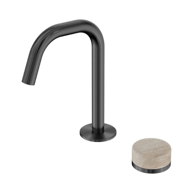 Nero Serenity progressive basin mixer in gun metal with curved spout and round travertine handle, on white background