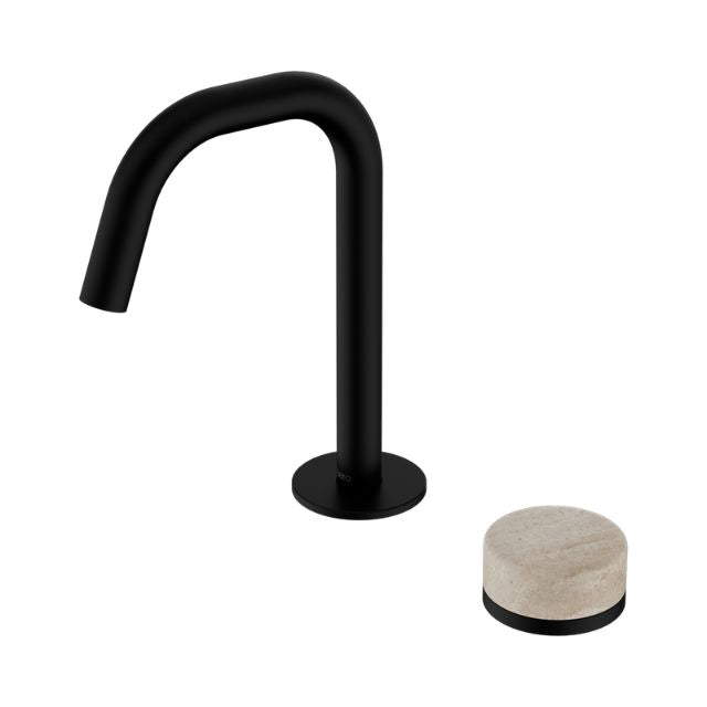 Nero Serenity basin mixer tap in matte black with separate Rome travertine handle, side view on white background