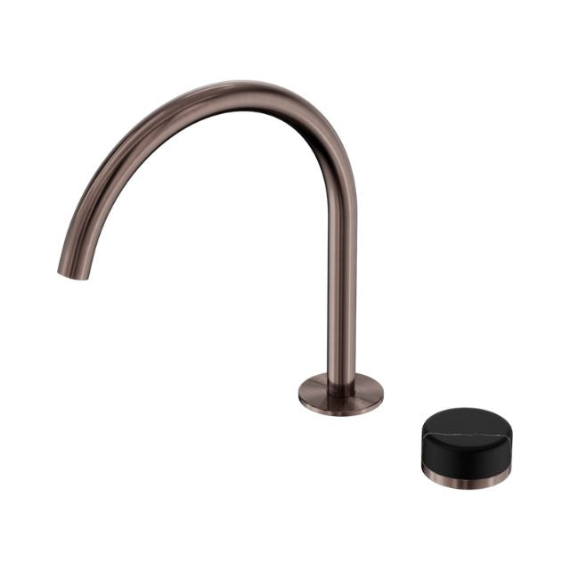 Nero Serenity progressive mixer tap in brushed bronze with arc spout and separate marquina black handle on white background