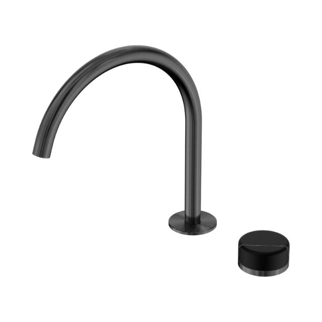Nero Serenity progressive mixer tap in gun metal with high arc spout and Marquina black handle, isolated on white