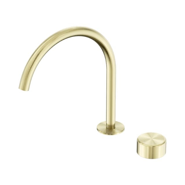 Nero Serenity brushed gold progressive mixer with tall arc spout and metal handle, shown on white background, with matching cap piece
