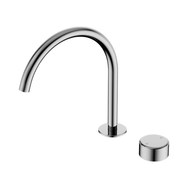 Nero Serenity chrome progressive mixer tap with tall arc spout and separate round metal handle on white background