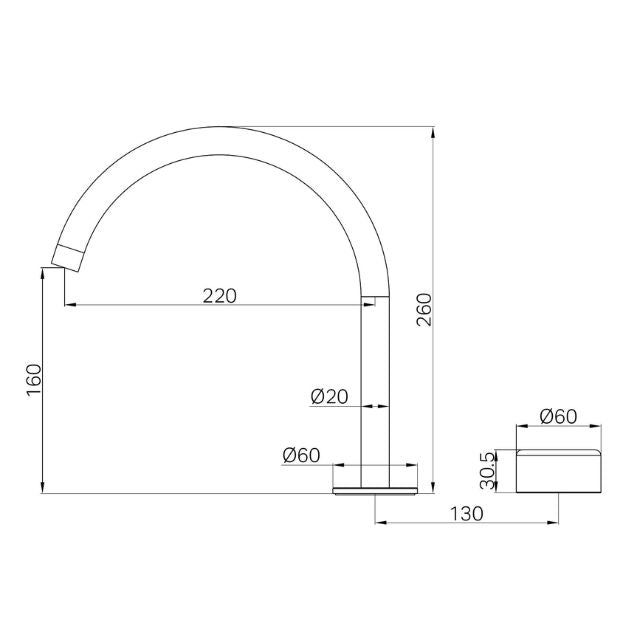 Technical drawing of Nero Serenity progressive mixer tap with arc spout, chrome finish, showing 260mm height and 220mm reach.