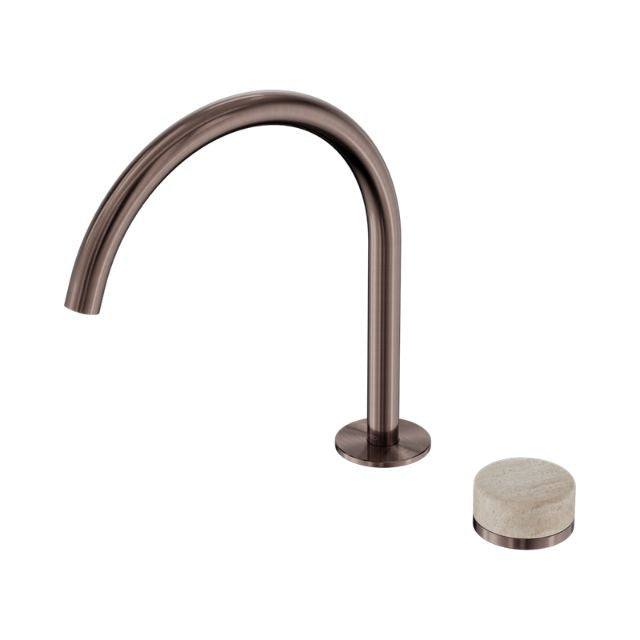 Nero Serenity progressive bath/kitchen mixer with arc spout and Rome travertine handle in brushed bronze, isolated on white