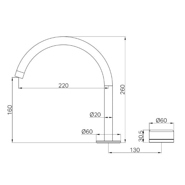 Technical drawing of Nero Serenity arc spout mixer, showing 260mm overall height, 220mm reach and Ø60mm handle base and lever.
