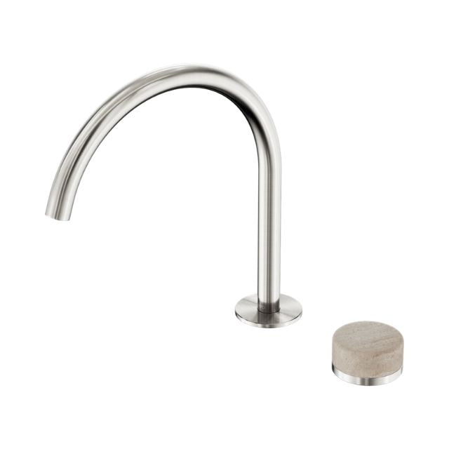 Nero Serenity brushed nickel progressive mixer with arc spout and Rome travertine handle, shown on white background