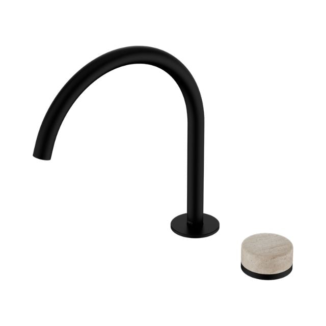 Nero Serenity progressive bath/kitchen mixer with tall matte black arc spout and round Rome travertine handle, side view