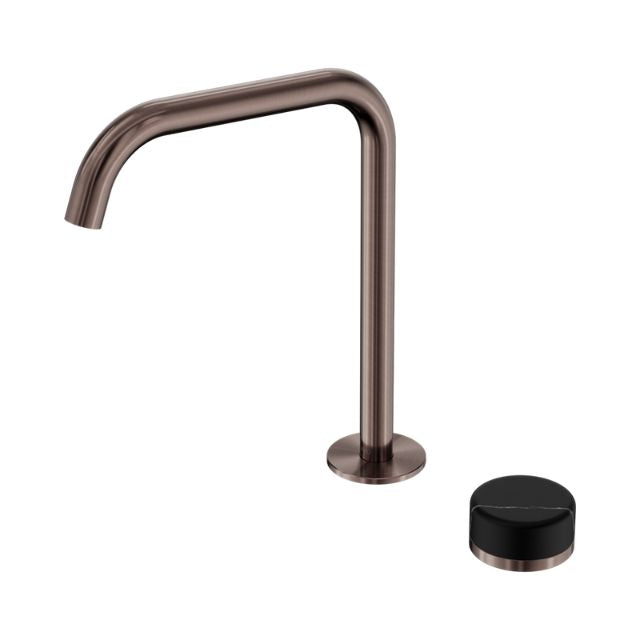Nero Serenity progressive mixer tap in brushed bronze with slim gooseneck spout and black handle on white background