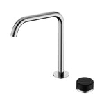 Nero Serenity progressive mixer tap in chrome with edge gooseneck spout and separate Marquina black handle on white background