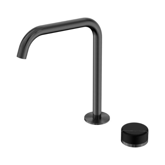 Nero Serenity progressive gooseneck mixer in gun metal with black handle, shown on white background