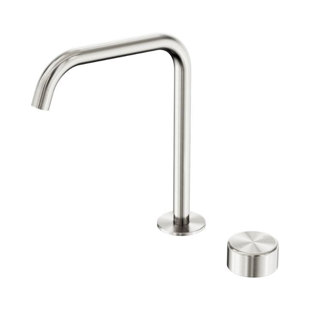 Nero Serenity progressive gooseneck sink mixer with metal handle in brushed nickel, shown with separate handle on white background