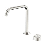 Nero Serenity progressive gooseneck sink mixer with metal handle in brushed nickel, shown with separate handle on white background