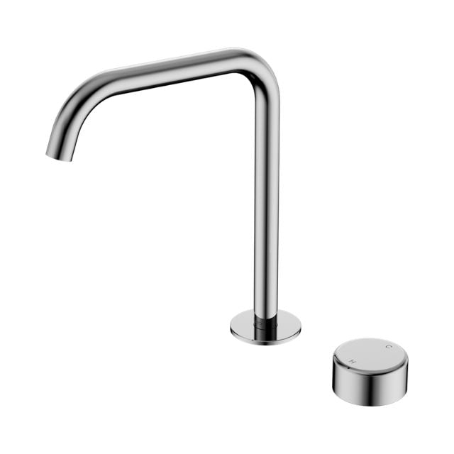 Nero Serenity chrome progressive bath/kitchen mixer with edge spout and round metal handle, shown on white background