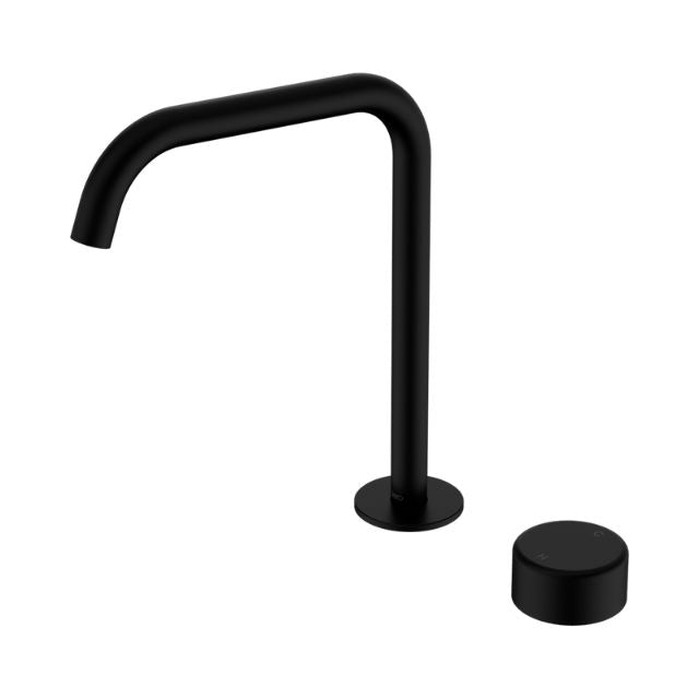 Nero Serenity matte black progressive mixer tap with edge gooseneck spout and metal handle, shown on white background