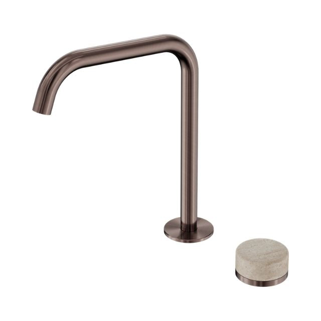 Nero Serenity brushed bronze gooseneck mixer tap with Rome travertine handle, shown on white background