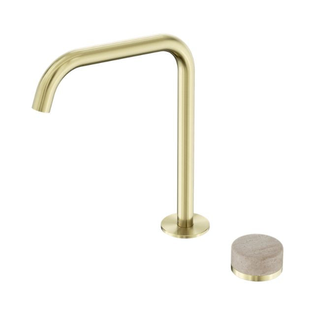 Nero Serenity brushed gold progressive mixer tap with curved edge spout and Rome travertine handle, isolated on white