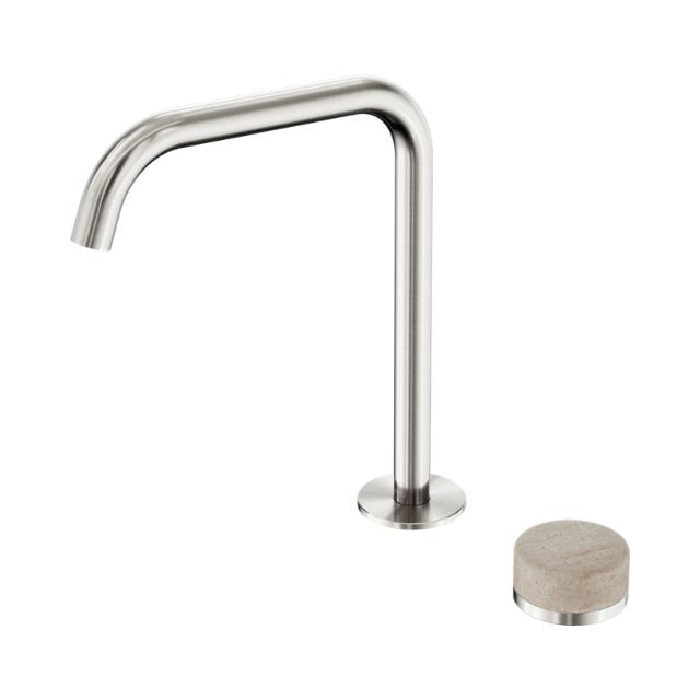 Nero Serenity brushed nickel progressive mixer with edge spout and Rome travertine handle, shown on white background
