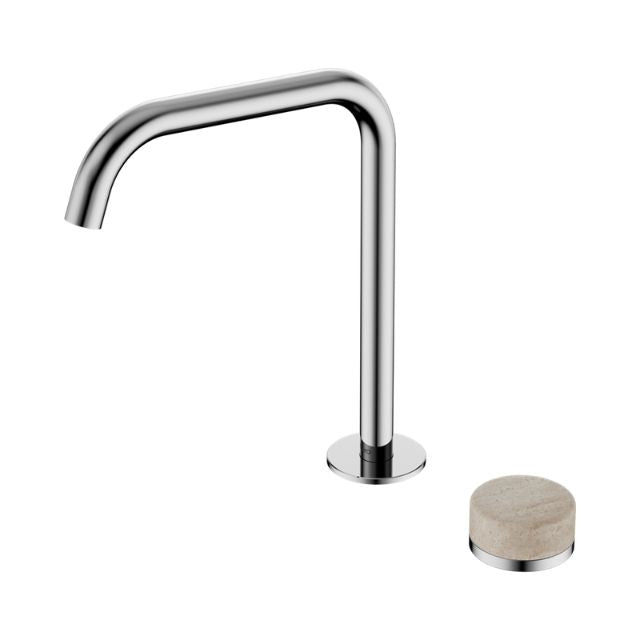 Chrome gooseneck sink mixer with separate travertine handle, Nero Serenity progressive tap on white background
