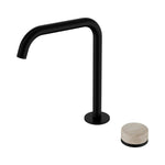 Nero Serenity progressive mixer tap in matte black with Edge gooseneck spout and Rome travertine handle, on white background