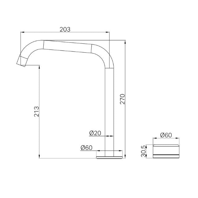 Technical drawing of Nero Serenity matte black edge spout mixer, showing dimensions 270mm high, 203mm reach and Ø60mm handle.
