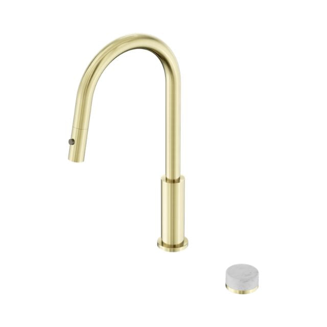 Nero Serenity pull out kitchen mixer in brushed gold with separate Carrara marble handle, shown on white background