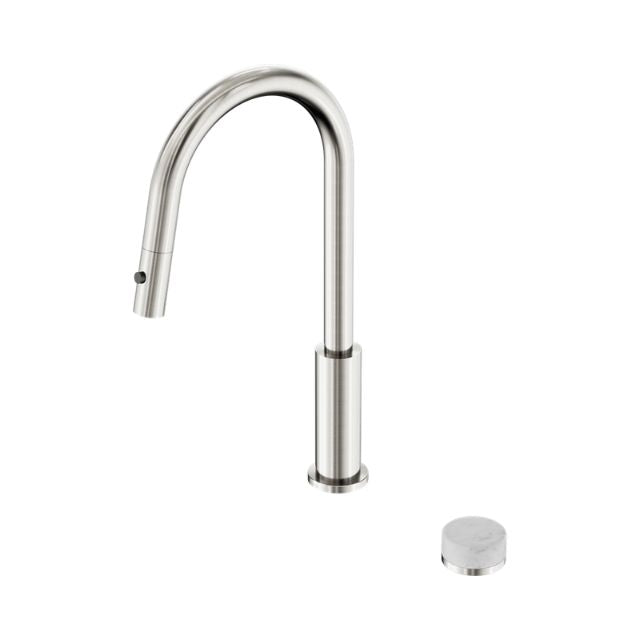 Nero Serenity progressive pull out kitchen tap in brushed nickel with Carrara marble handle, front view