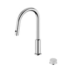 Nero Serenity progressive pull out kitchen mixer in chrome with Carrara marble handle, shown front on with separate handle piece