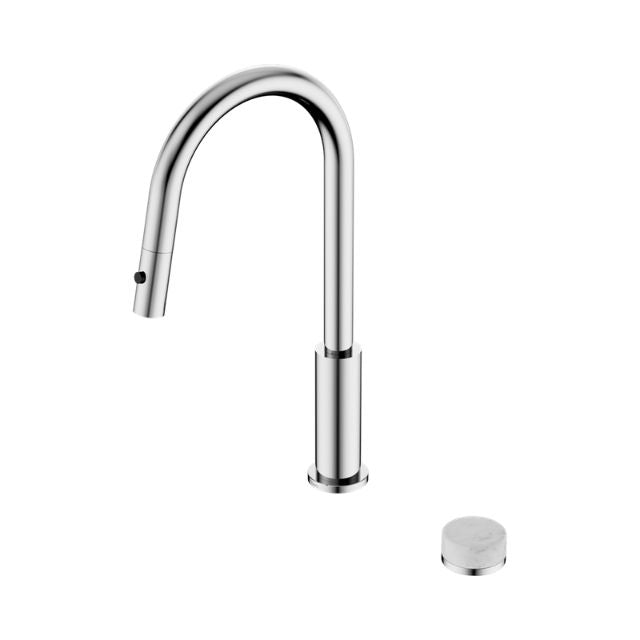 Nero Serenity progressive pull out kitchen mixer in chrome with Carrara marble handle, shown front on with separate handle piece