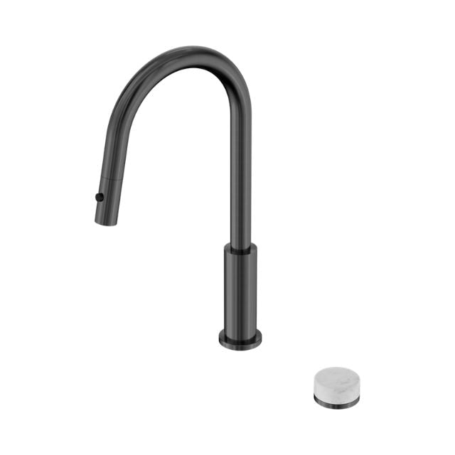 Nero Serenity pull out kitchen tap in gun metal with curved spout and white Carrara stone handle, isolated on white