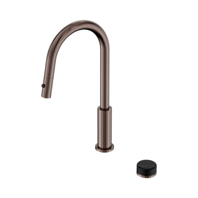 Nero Serenity pull out kitchen mixer in brushed bronze with black handle, shown with separate handle cap on white background
